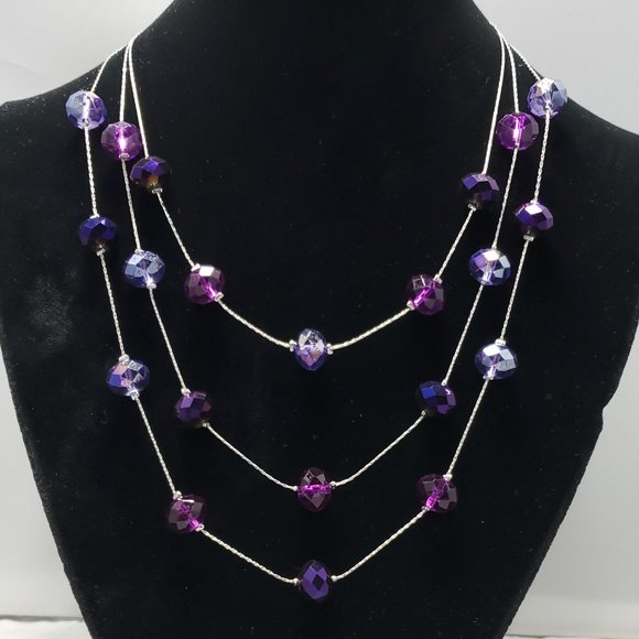 Amethyst color crystal multi layer graduated necklace with silver chain - Picture 1 of 7
